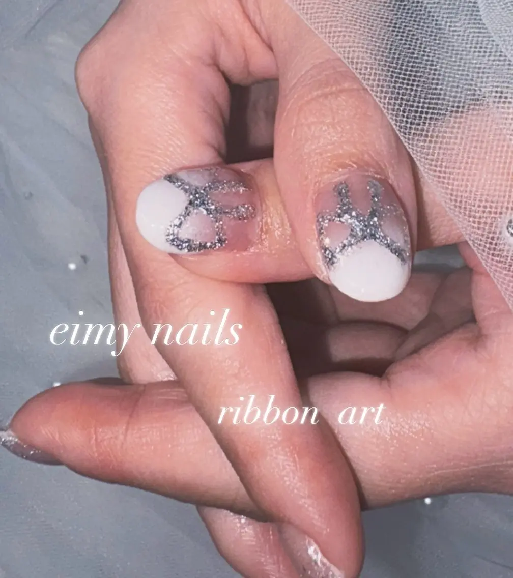 ネイル アートネイル グラデーション ピンク リボン ハンドネイル eimy nails♡のネイルデザイン