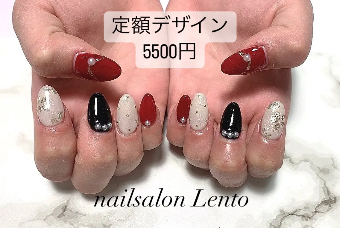 ネイル 長さ出し ゴールド 卒業式 赤色 ネイルサロン Lentoのネイルデザイン