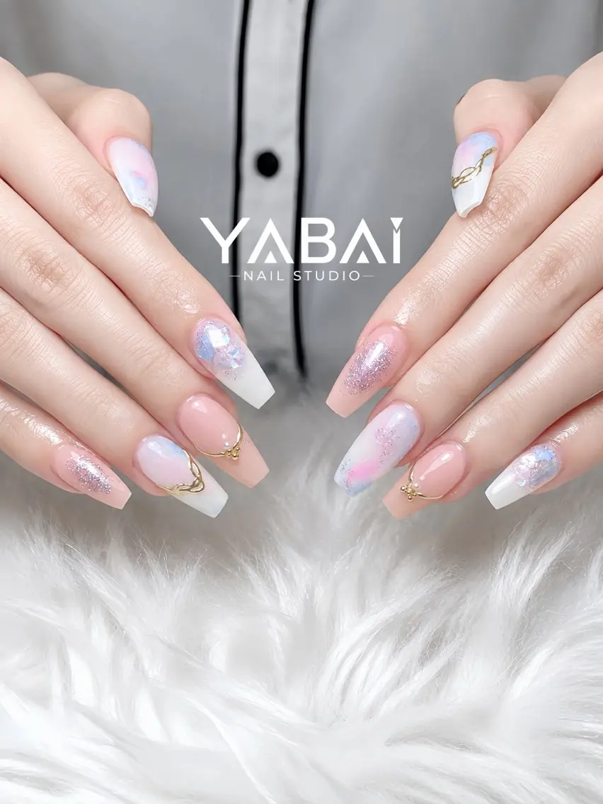 ネイル オーロラネイル ブルー 長さ出し ゴールド キラキラネイル YABAI NailStudioのネイルデザイン