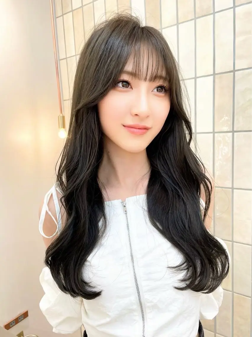 ロング ロングレイヤー 韓国風ヘア レイヤーカット ロング シースルーバング カット ヘアカラー トリートメント 縮毛矯正 ミディアム レイヤー 顔周り金山のヘアスタイル