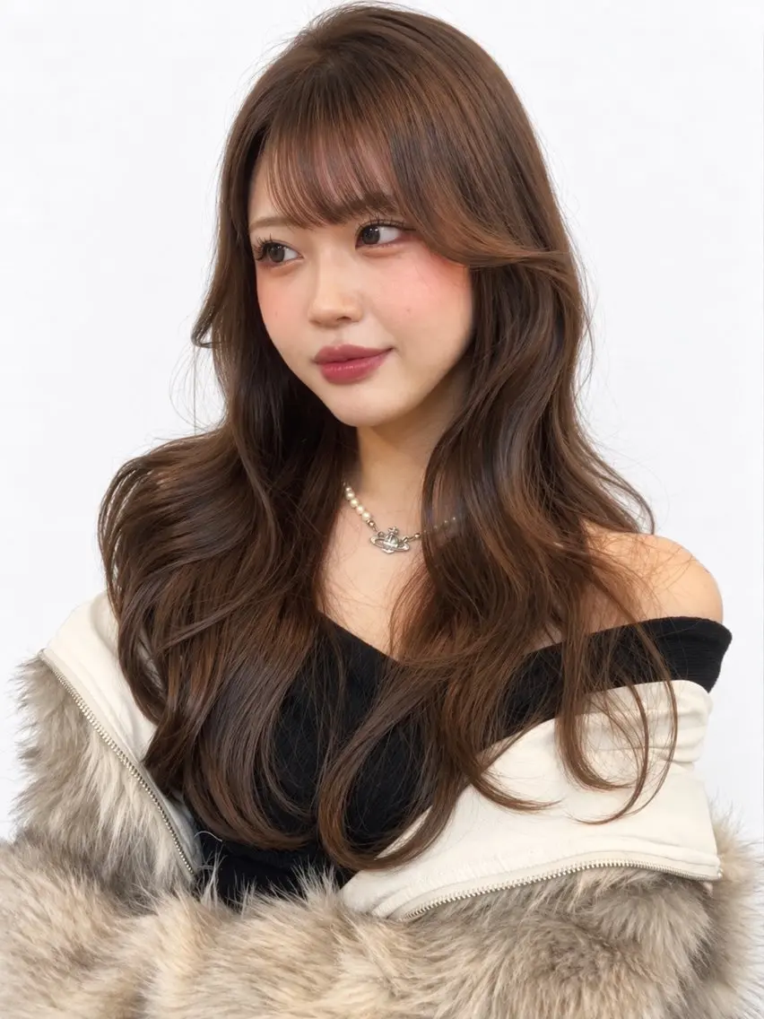 ロング カラー ブラウンカラー 透明感カラー くびれヘア 顔まわりレイヤー 韓国風ヘア カット ヘアカラー トリートメント ヘッドスパ 中顔面短縮レイヤー 💚モエリ💚のヘアスタイル