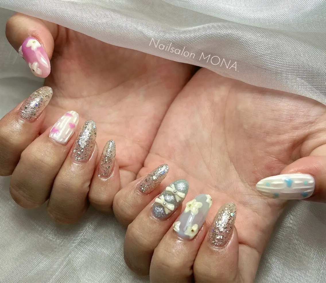ネイル フラワーネイル ラメ(グリッター) パステルネイル ハンドネイル Nailsalon MONA.のネイルデザイン