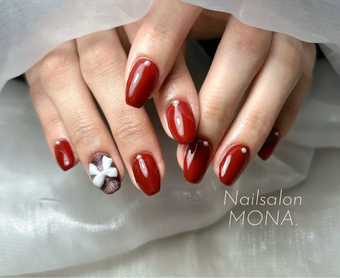 ネイル ボルドー 成人式 フラッシュネイル マグネットネイル ワンカラーネイル ハンドネイル Nailsalon MONA.のネイルデザイン