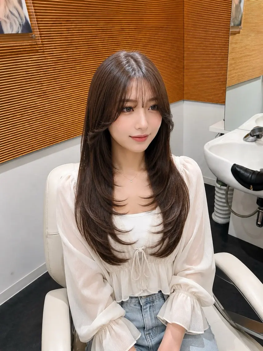 ロング 顔まわりレイヤー 韓国風ヘア レイヤーカット ロング 小顔カット カット 縮毛矯正 トリートメント 松本 将太のヘアスタイル