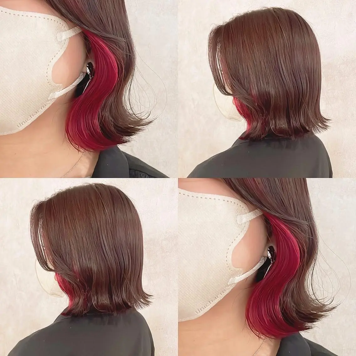 カラー ブリーチ ボルドーカラー イヤリングカラー レッドカラー ヘアカラー トリートメント 渋谷:インナーカラー ／🍒エリカ🍒のヘアスタイル