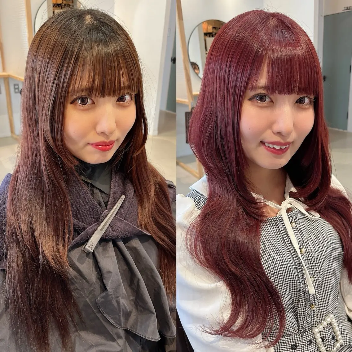 ロング カラー ブリーチ ブラウンカラー ダブルカラー ブリーチなしカラー レッドカラー ヘアカラー トリートメント 天神最安値エクステ カラーレイヤーカットのヘアスタイル