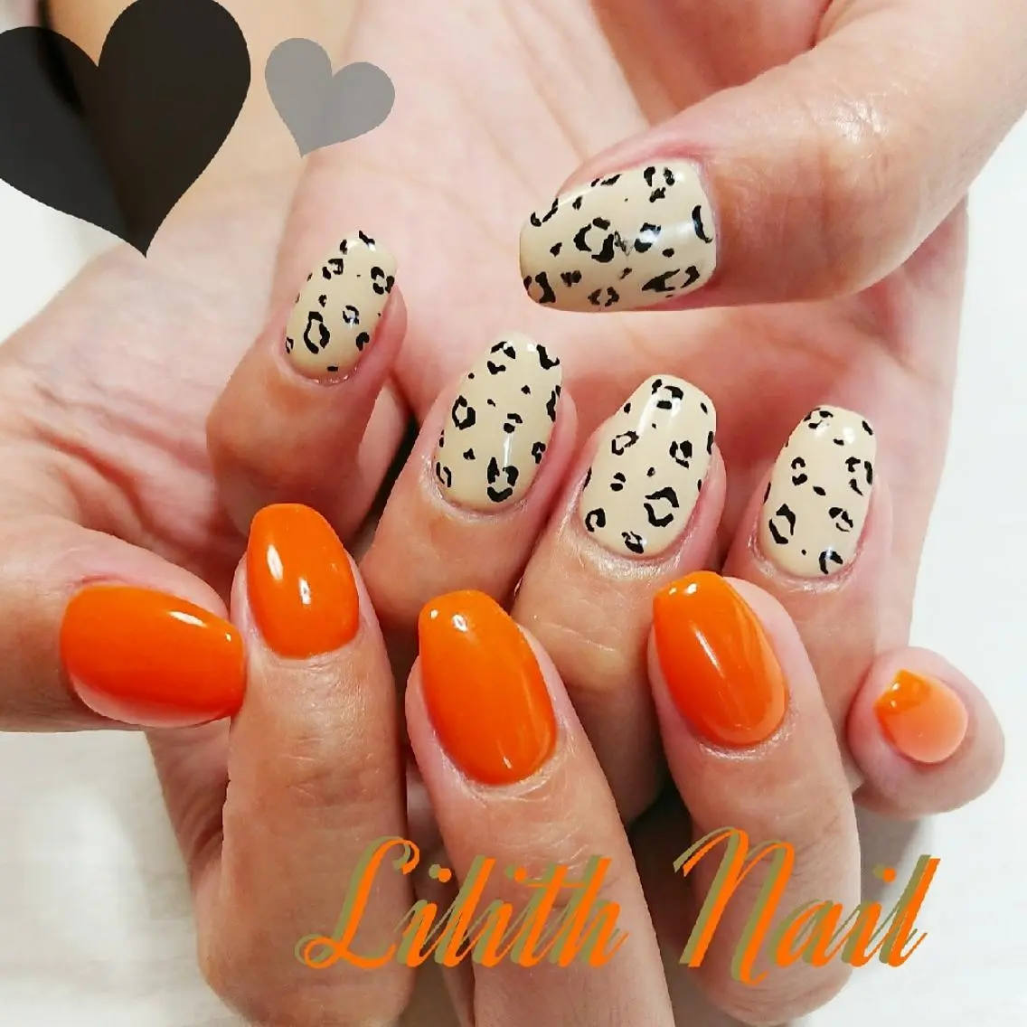 ネイル アニマル柄 オレンジ ハンドネイル Lilith Nailのネイルデザイン