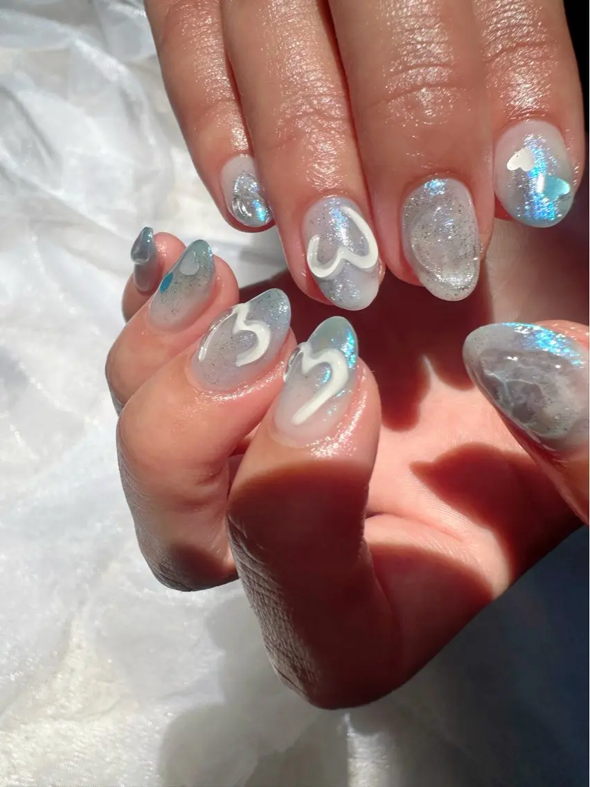 ネイル ブルー クリアネイル ハート 氷ネイル・うるうるネイル 韓国ネイル 🪞KAPE NAIL 🪞のネイルデザイン