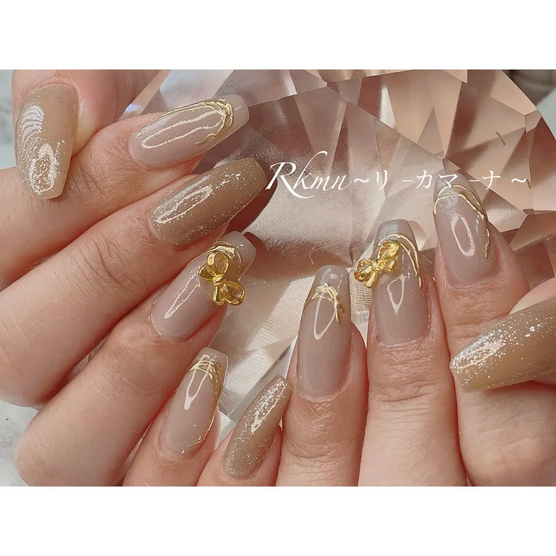 ネイル アートネイル ラメ(グリッター) ミラーネイル リボン 春ネイル ハンドネイル フットネイル ハンドケア Rkmn ~リ-カマ-ナ~のネイルデザイン