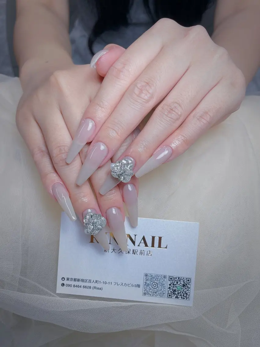 ネイル アートネイル 長さ出し ガーリー 韓国ネイル 持ち込み Rin Nail 新大久保店のネイルデザイン