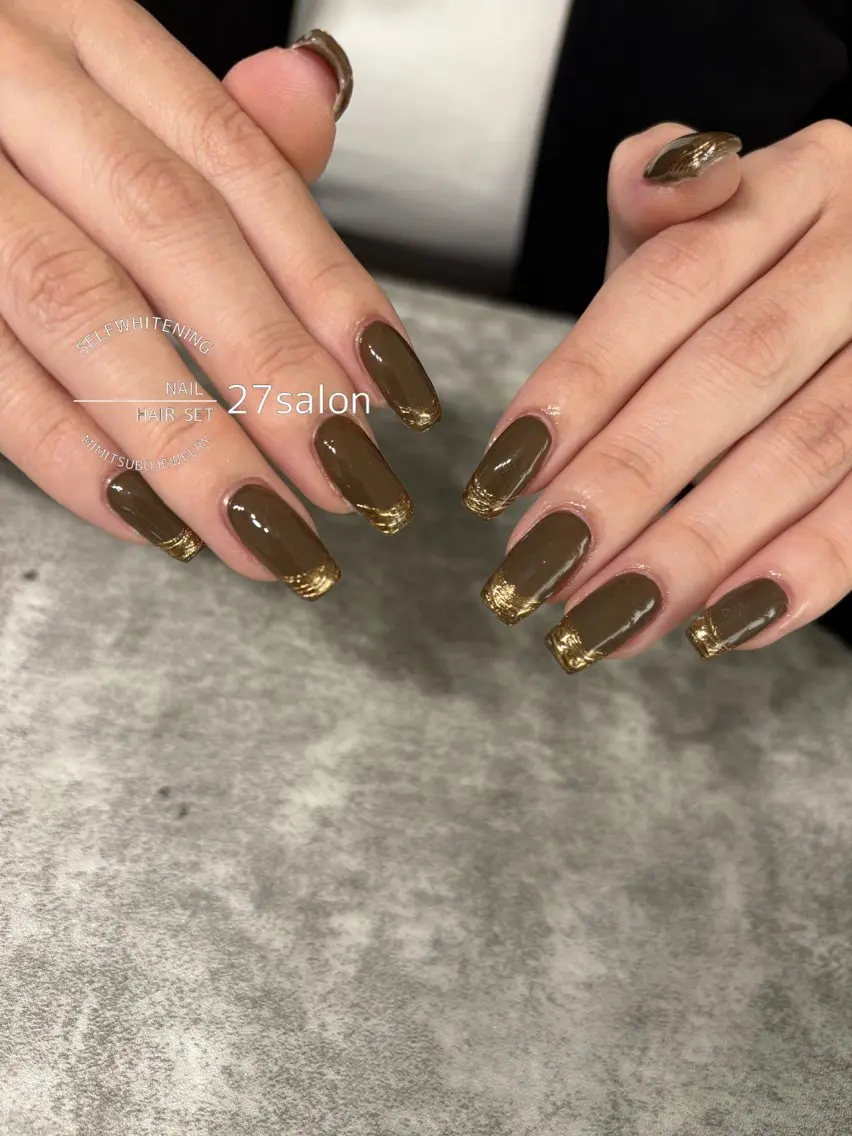 ネイル ブラウン フレンチネイル ミラーネイル ハンドネイル 27salon yuinaのネイルデザイン