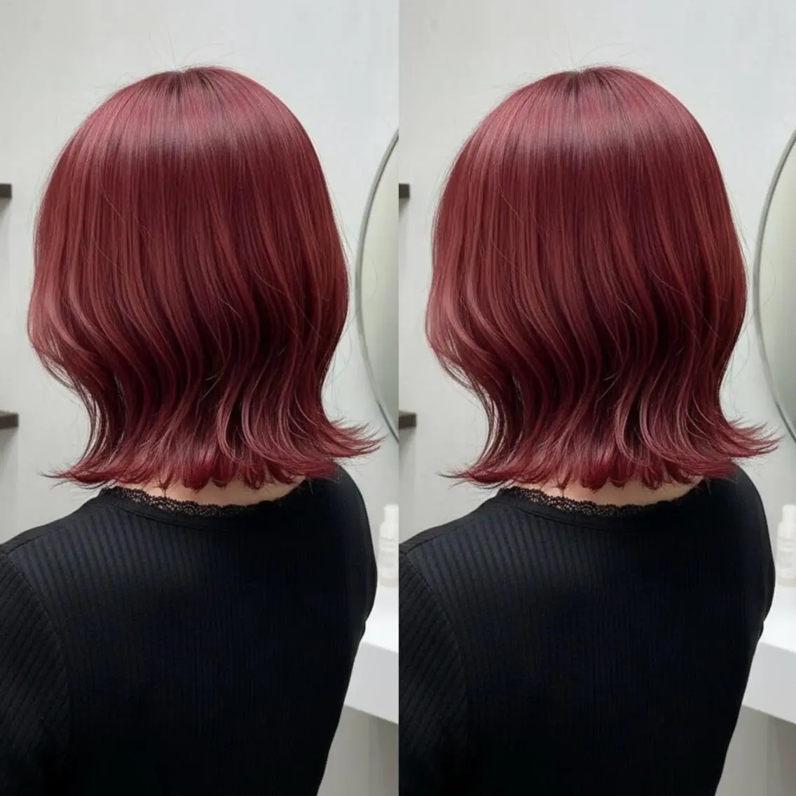 ミディアム 💕透明感赤味カラー ぱっつんボブ🩷のヘアスタイル