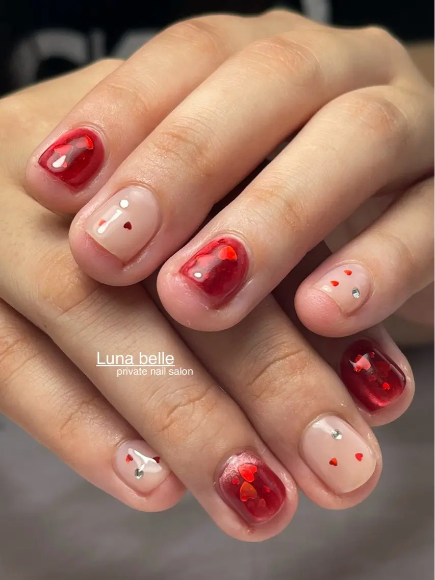 ネイル ハート 赤色 ハンドネイル LUNA BELLEのネイルデザイン