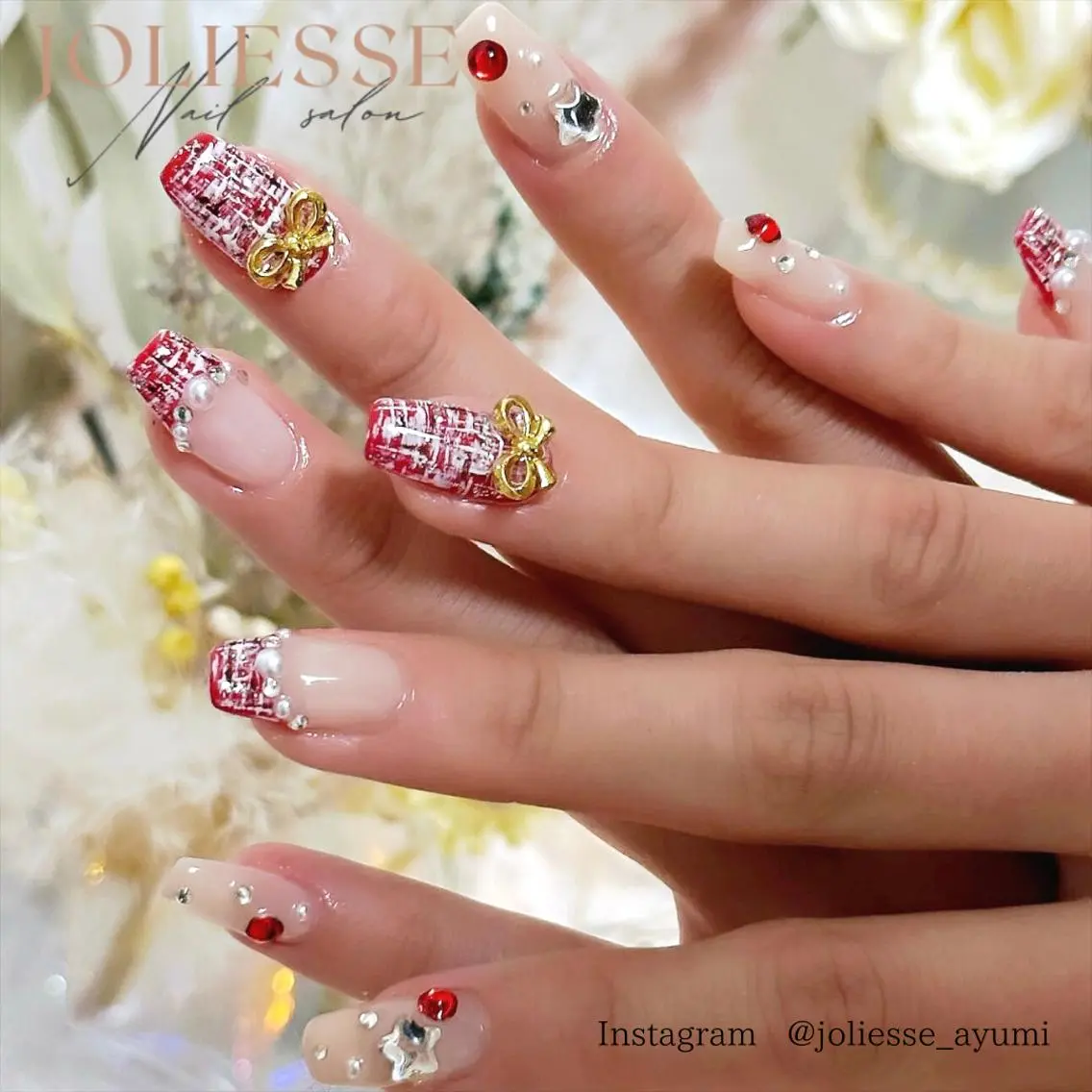 ネイル 赤色 リボン バレンタイン ハンドネイル JOLIESSE Ayumiのネイルデザイン