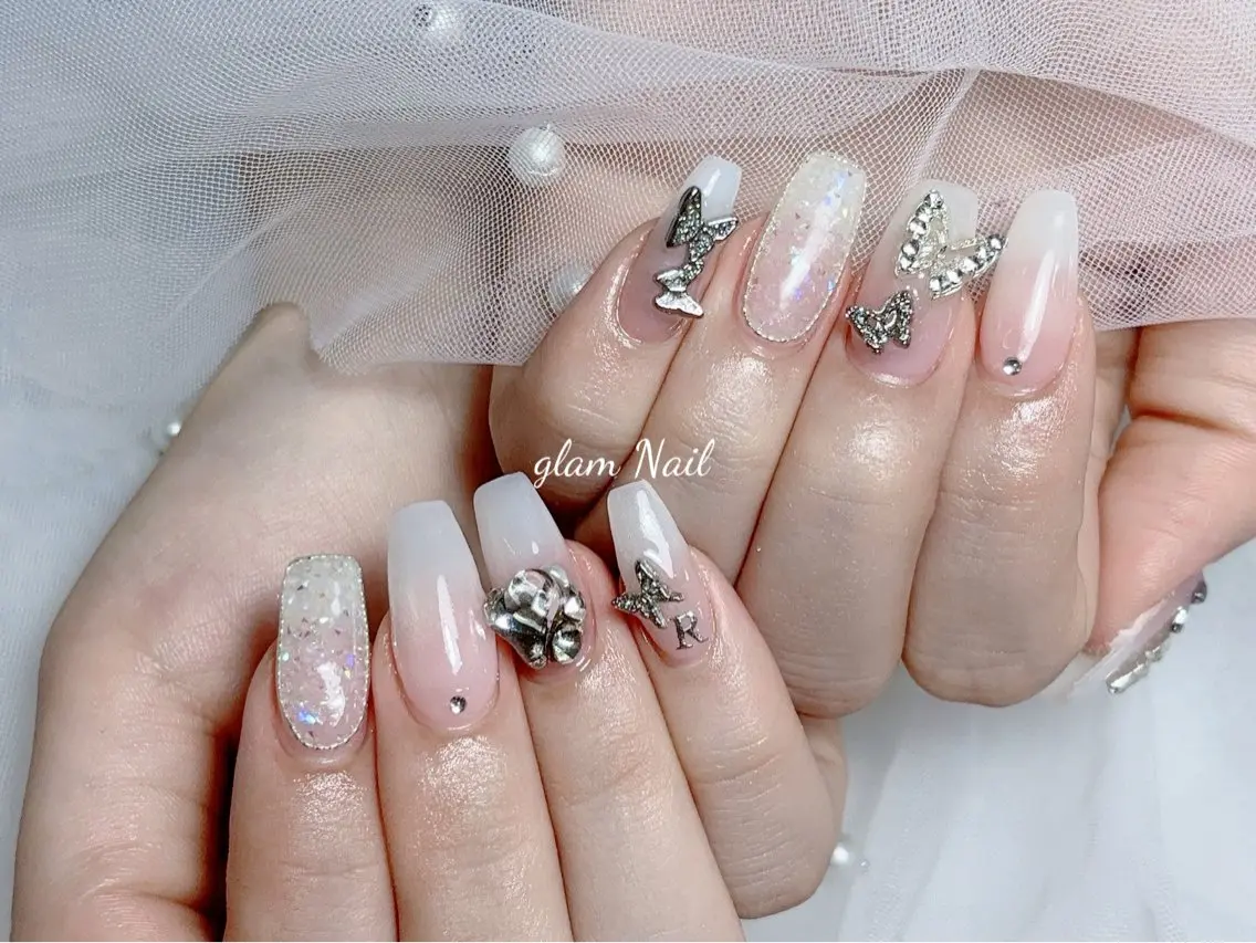 ネイル ハンドネイル エツメ💅 長さ出し🎀デザインのネイルデザイン