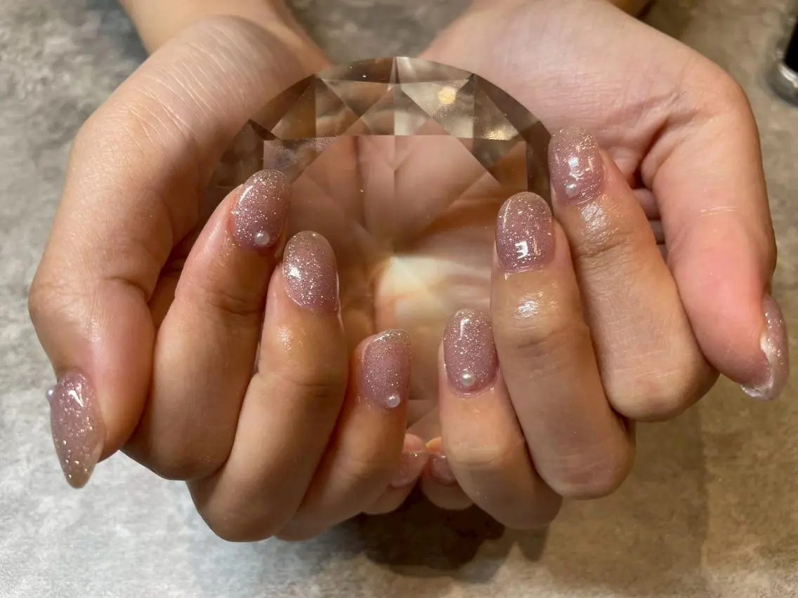 ネイル ボルドー チークネイル クリアネイル 成人式 フラッシュネイル PecheBloom パラジェルフィルインのネイルデザイン