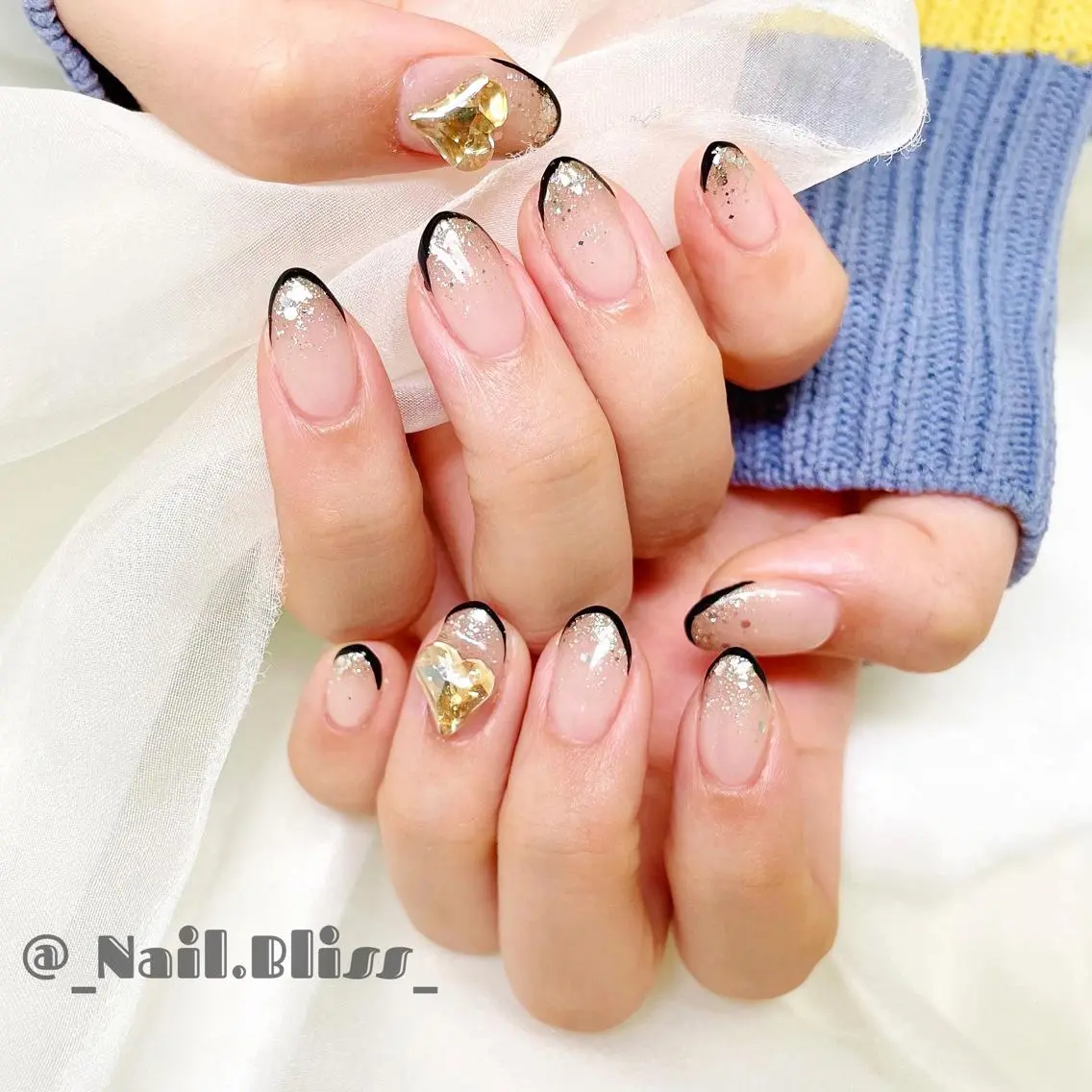ネイル フレンチネイル ハート ラメ(グリッター) ラメグラデーション ハンドネイル NAIL BLISSのネイルデザイン
