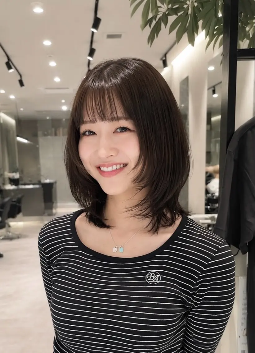 ミディアム カット ヘアカラー トリートメント 神戸レイヤーカット 顔周り／骨格診断のヘアスタイル