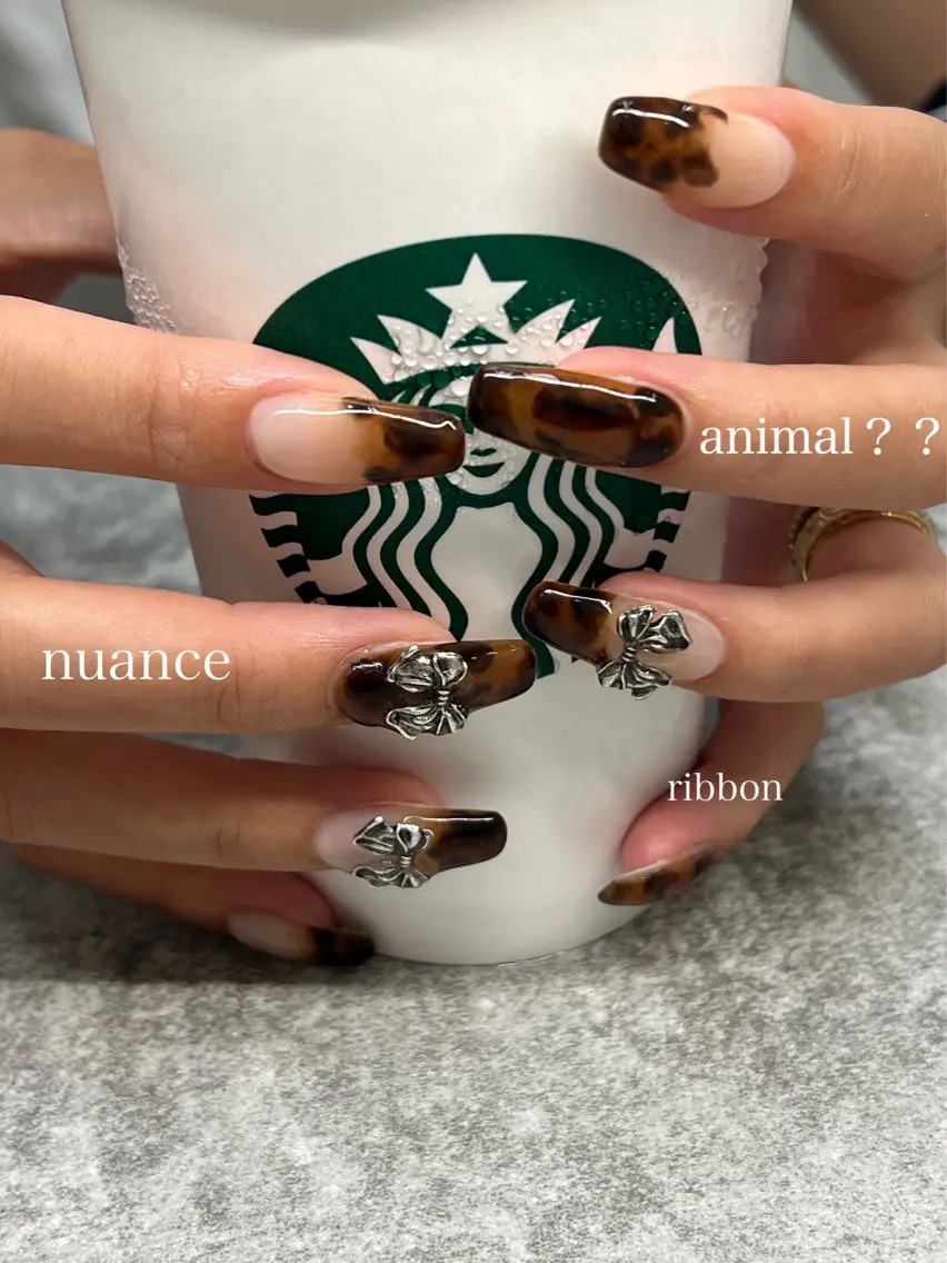 ネイル アニマル柄 べっ甲ネイル 韓国ネイル リボン ハンドネイル Luann nail Sakiのネイルデザイン