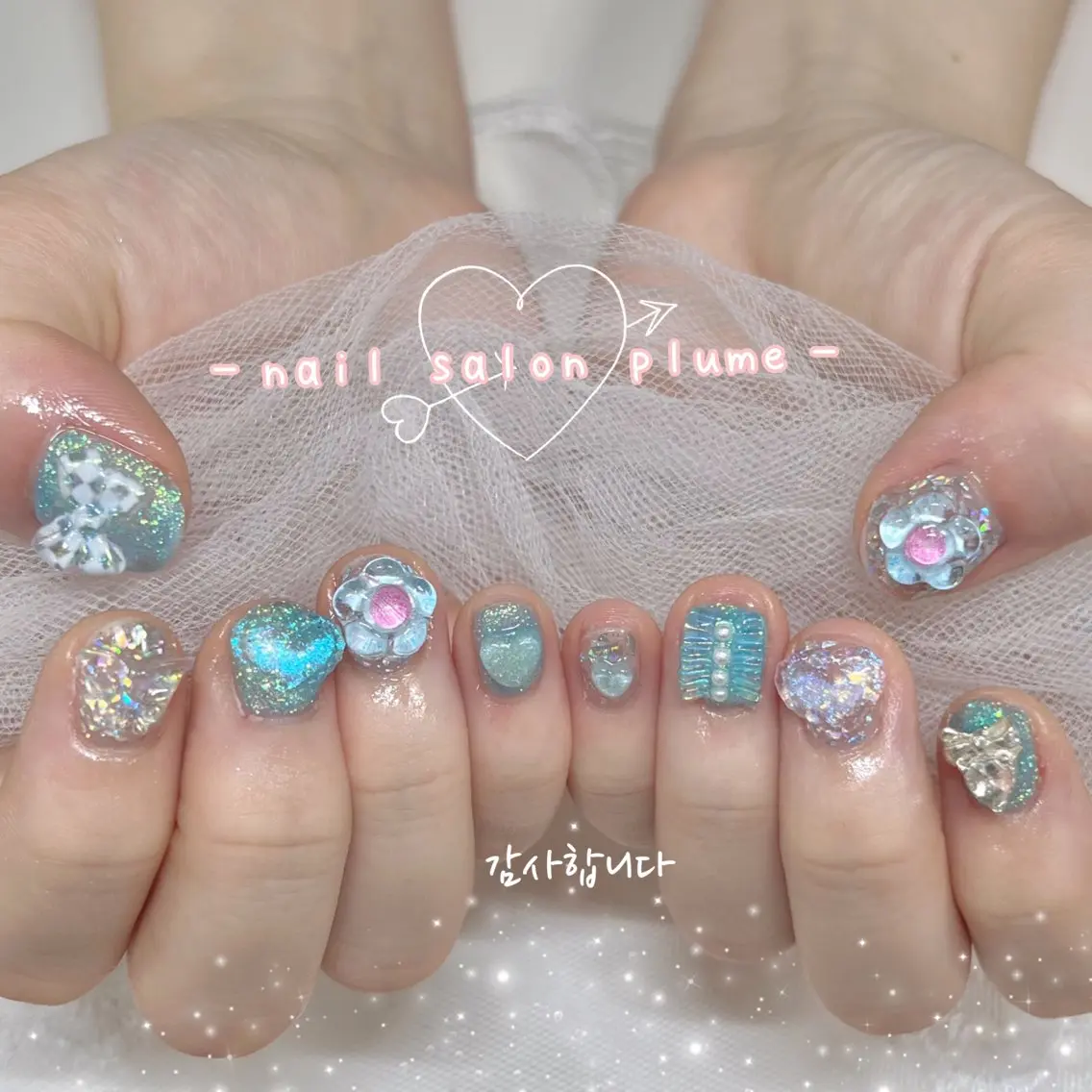 ネイル クリアネイル ガーリー キラキラネイル 韓国ネイル ハンドネイル plume nail ☆韓国ネイルのネイルデザイン