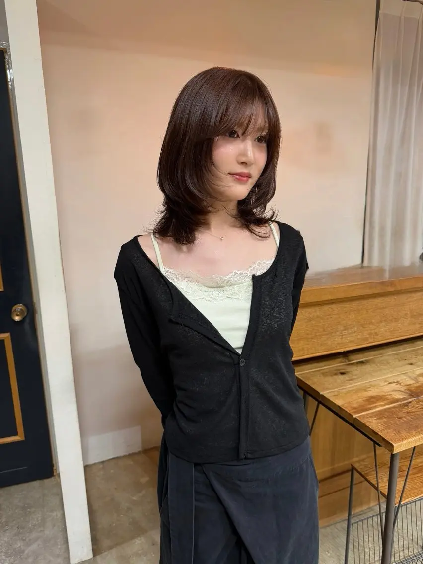 ミディアム カラー カット トリートメント 縮毛矯正ボブ&顔まわ レイヤー♡TOMOEのヘアスタイル