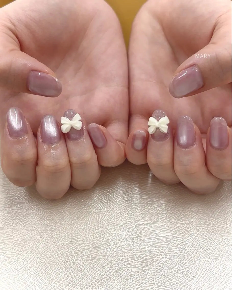 ネイル マグネットネイル ピンク リボン ハンドネイル Mary nail .narumiのネイルデザイン