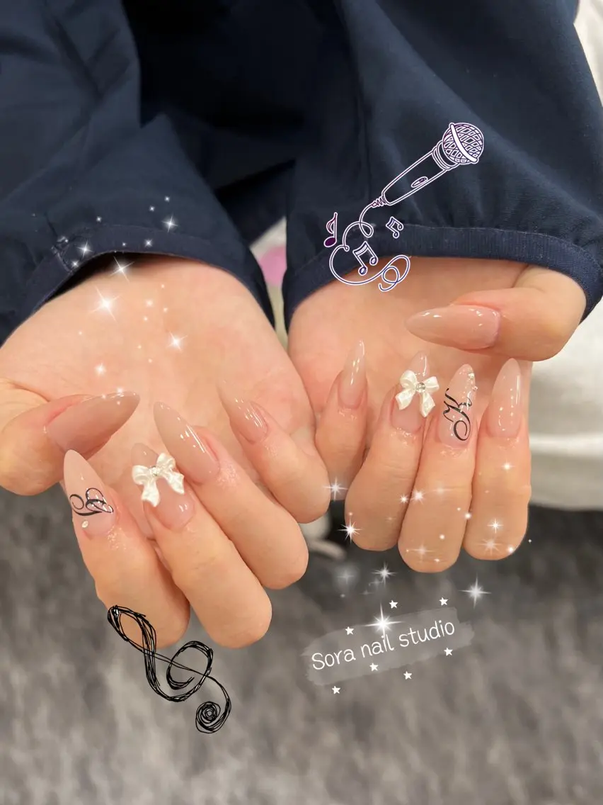 ネイル ガーリー ハート 韓国ネイル ニュアンスネイル リボン Sora nail 長さ出し専門店のネイルデザイン