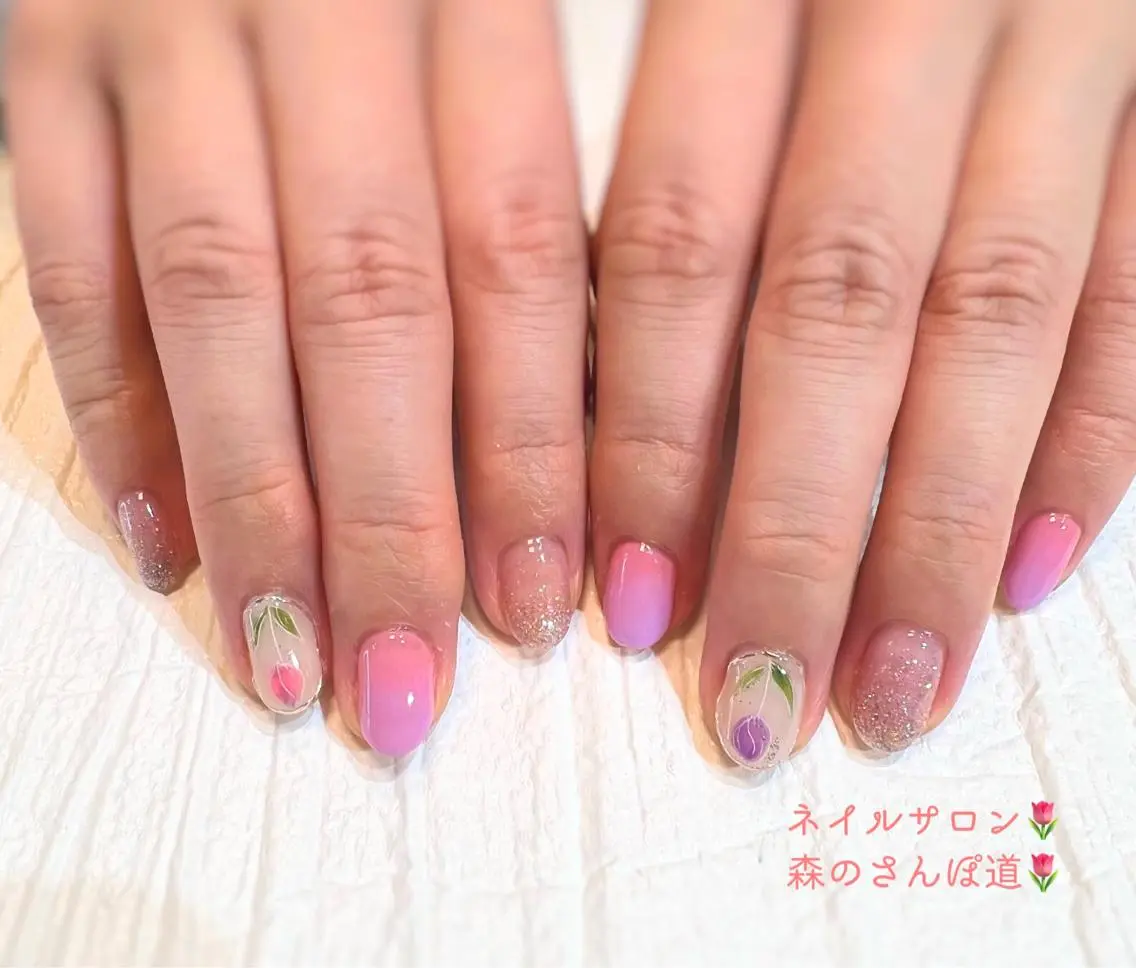 ネイル ハンドネイル ショートネイル 森のさんぽ道のネイルデザイン