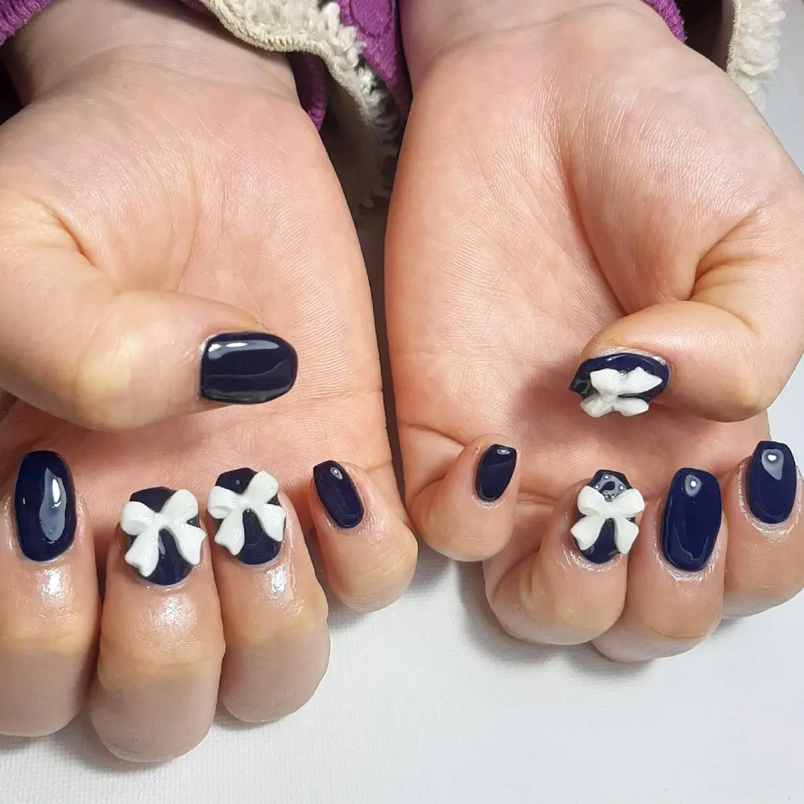 ネイル ジェルネイル 持ち込み ネイビー リボン ショートネイル owlnail /持込みデザイン専門のネイルデザイン