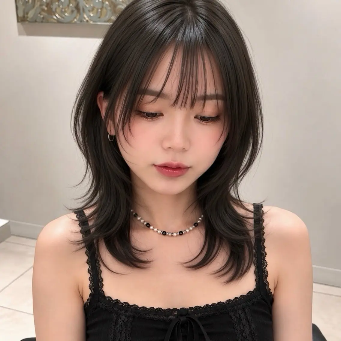 ミディアム カラー グレージュ ハッシュカット 縮毛矯正 カット ヘアカラー トリートメント ラフモードハッシュ× 巻ける縮毛矯正 渋谷のヘアスタイル