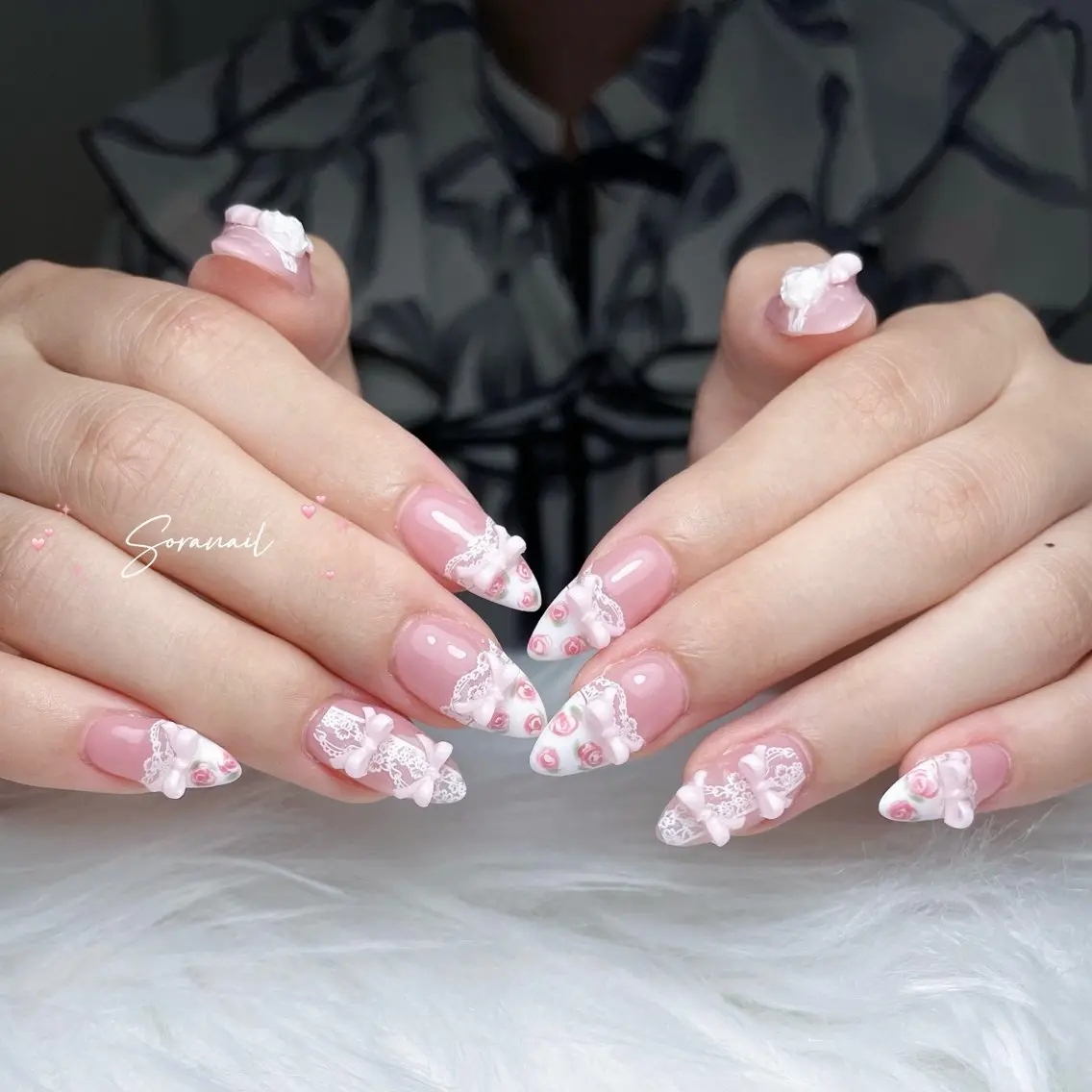 ネイル ハート 韓国ネイル 春ネイル 夏ネイル バレンタイン Sora nail 長さ出し専門店のネイルデザイン