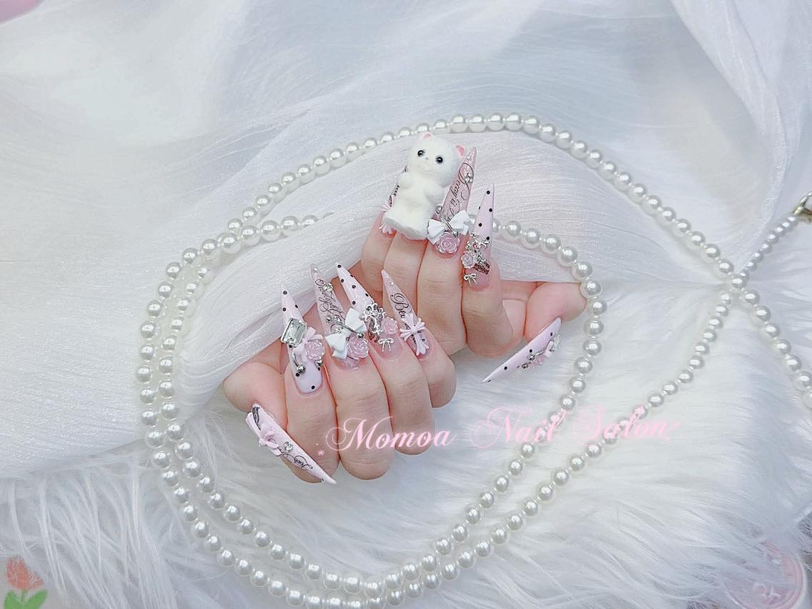 ネイル 成人式 大理石ネイル(マーブル) リボン 夏ネイル ネイルチップ ハンドネイル MoMoA Nail ネイル長さ出し専門店のネイルデザイン