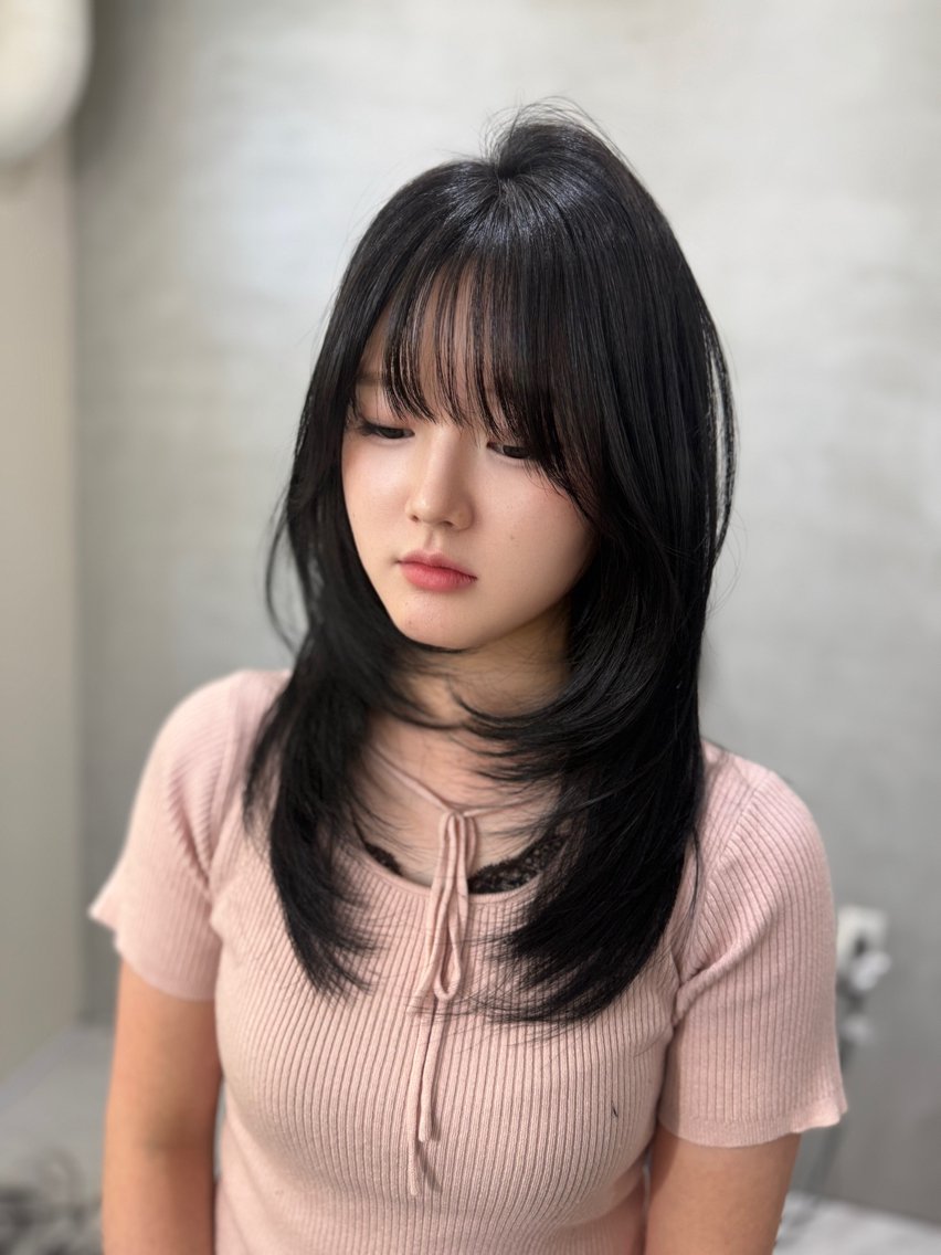 セミロング カラー 黒髪 韓国風ヘア レイヤーカット 小顔カット カット ヘアカラー 透明感/羽エクステ SUZUKAのヘアスタイル