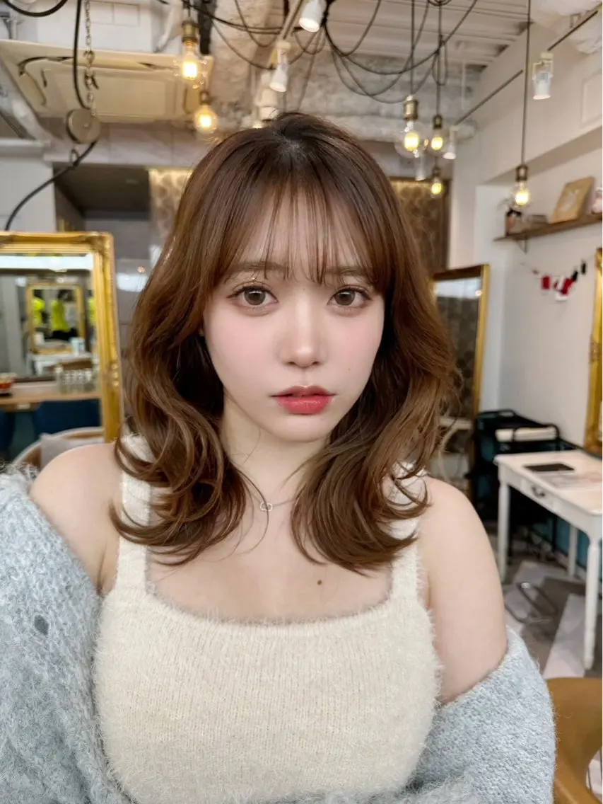 ミディアム カラー カット ヘアカラー トリートメント レイヤー/韓国/ 透明感カラー/みずほのヘアスタイル