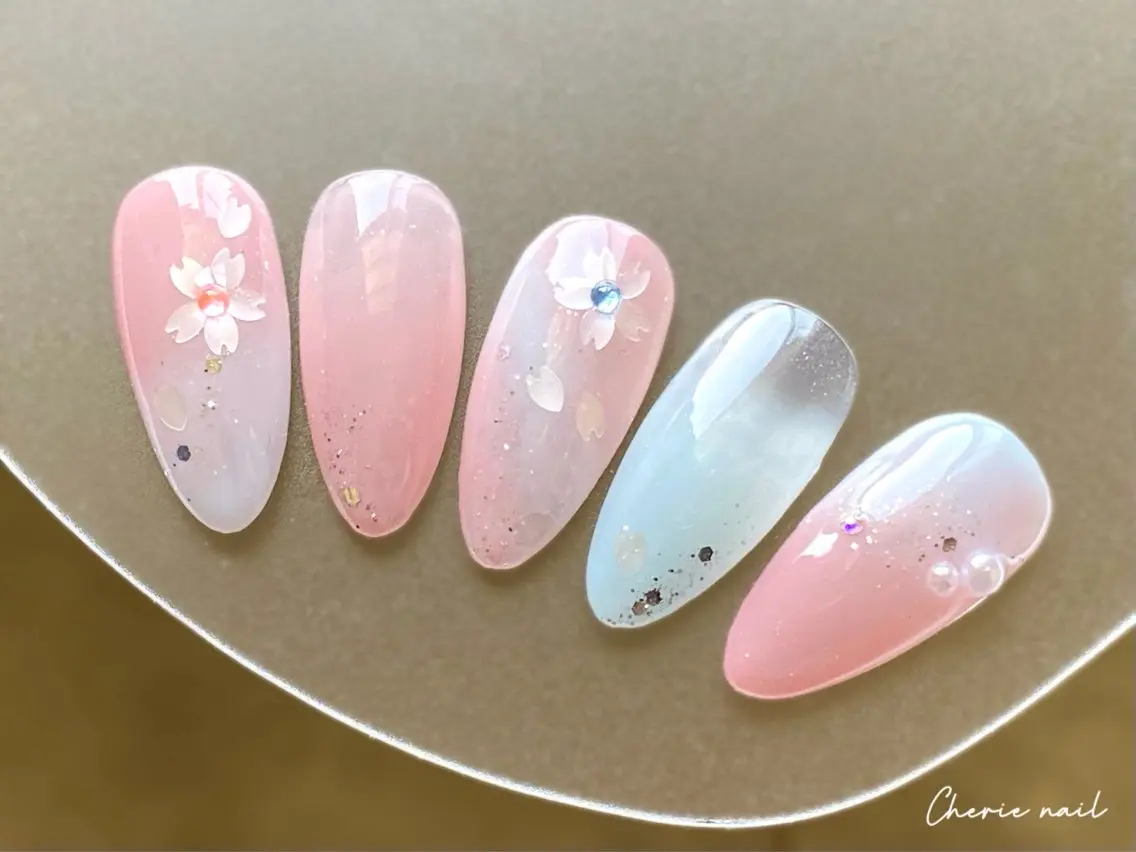 ネイル 桜ネイル 入学式 フラワーネイル ジェルネイル グラデーション Cherienail yunaのネイルデザイン