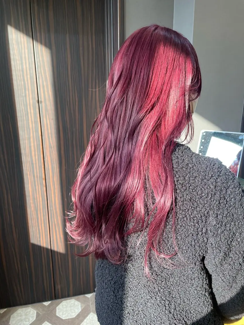 ロング カラー カシス レッドカラー AIRI layer cut hairのヘアスタイル