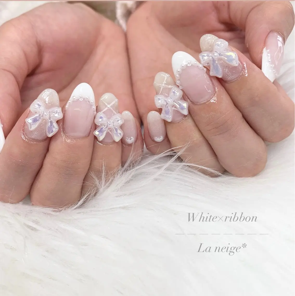 ネイル リボン ハンドネイル La neige* yuki 🐩🌙のネイルデザイン
