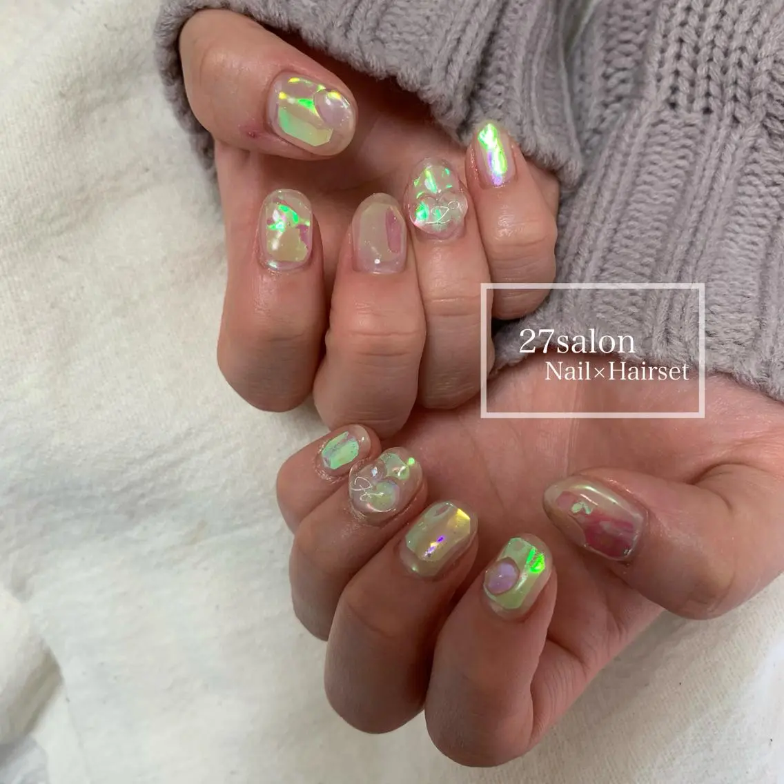 ネイル オーロラネイル クリアネイル ハート 氷ネイル・うるうるネイル 春ネイル 27salon yuinaのネイルデザイン