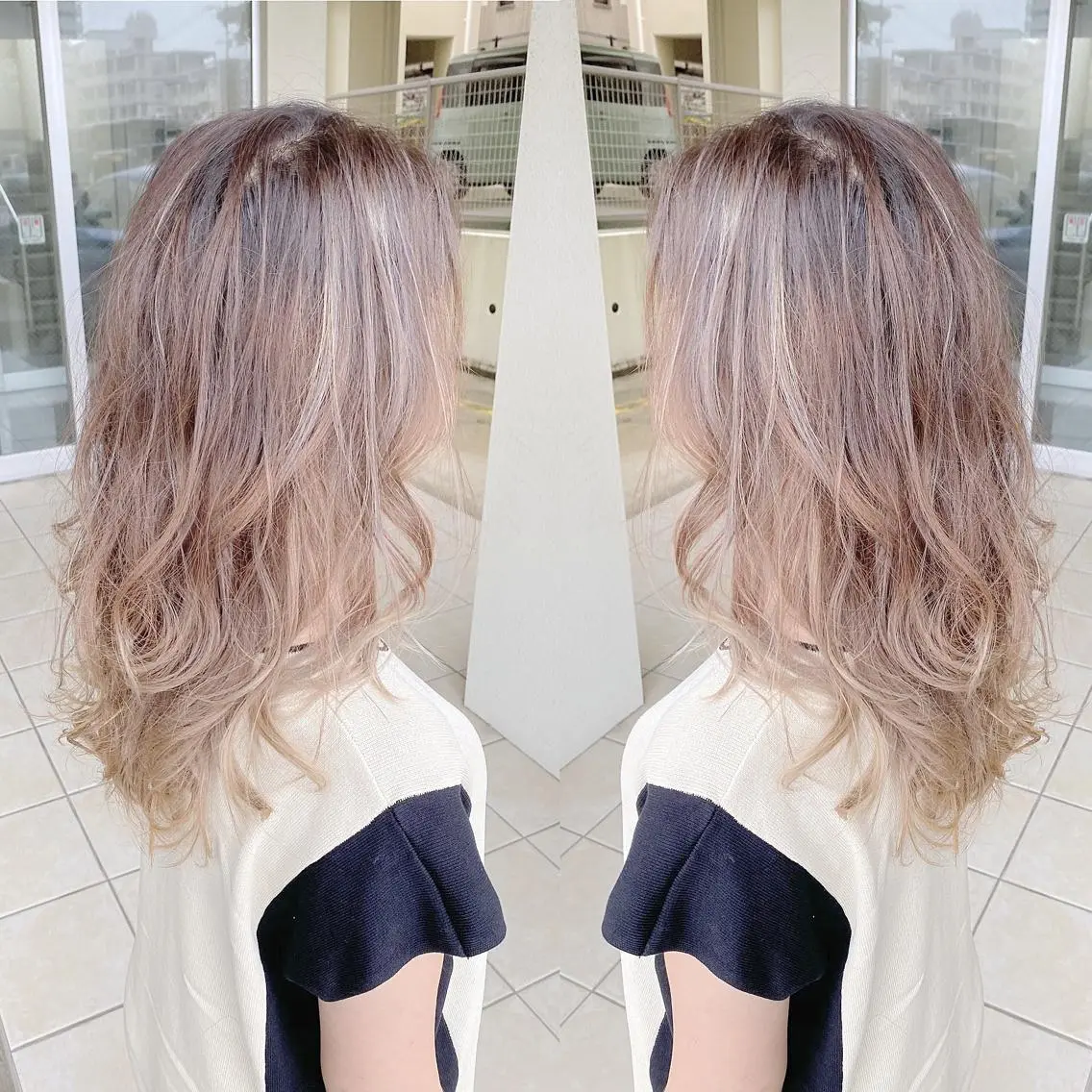 ミディアム カラー バレイヤージュ レイヤーカット ヘアカラー grand juteのヘアスタイル