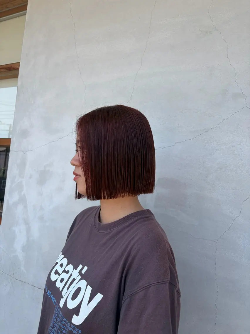 ミディアム カラー 切りっぱなしボブ ブラウンカラー ダブルカラー オレンジ レッドカラー ヘアカラー momoka オリーブ/ベージュのヘアスタイル