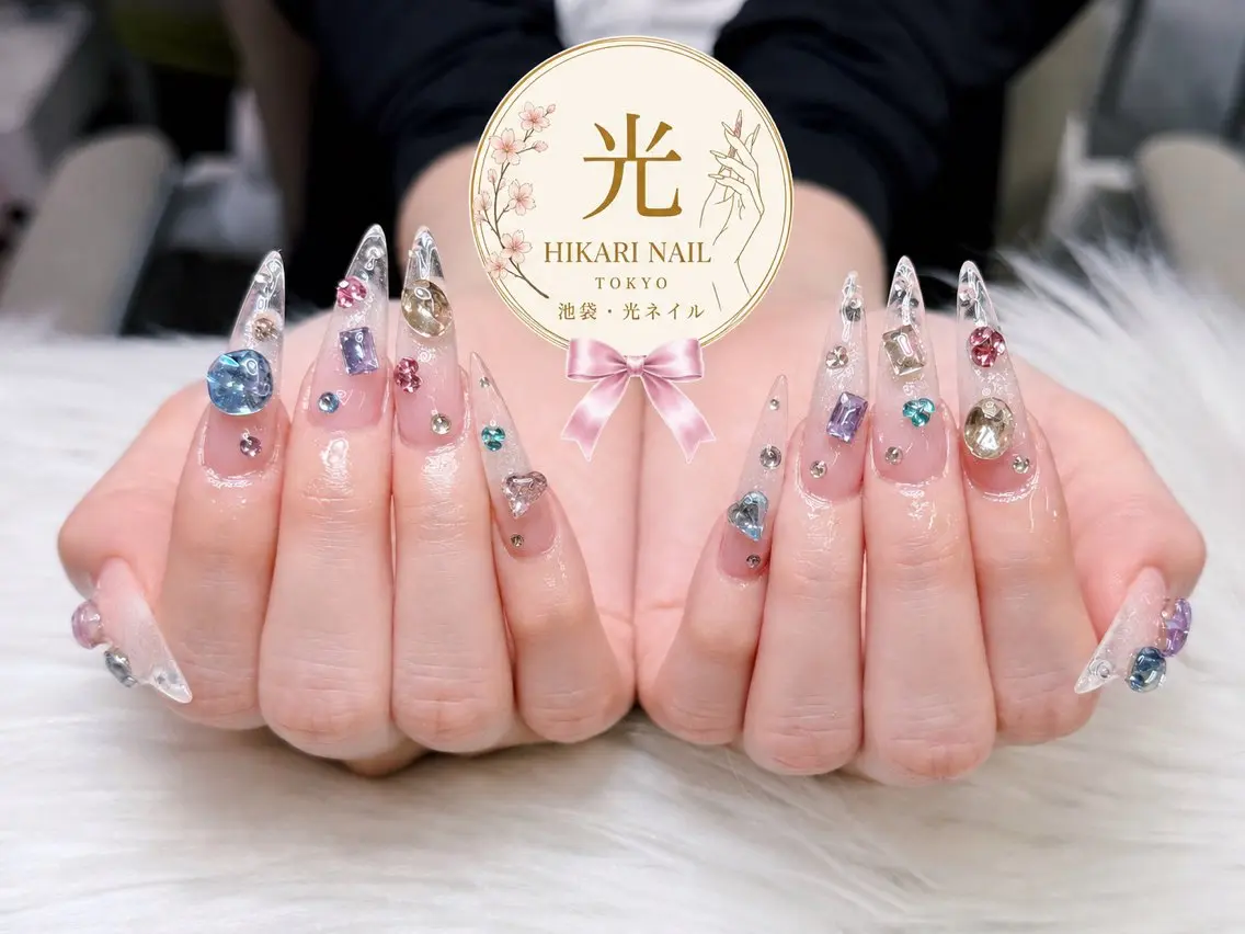 ネイル チークネイル 長さ出し フレンチネイル ガーリー ハート ハンドネイル HikariNail Ikebukuroのネイルデザイン