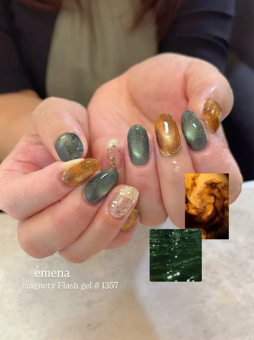 ネイル アートネイル べっ甲ネイル グリーン マグネットネイル ニュアンスネイル ハンドネイル r.nailBY α 大阪福島区/岸本🧸のネイルデザイン