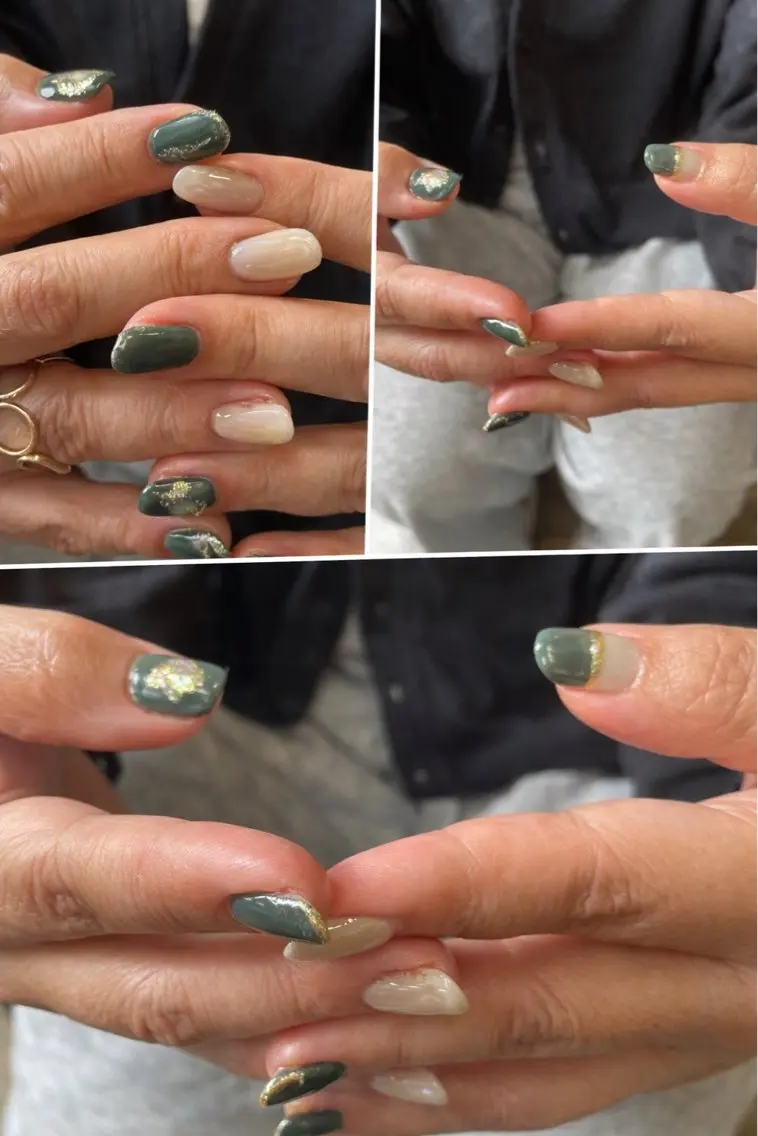 ネイル ゴールド グリーン ハンドネイル 〜Pearl me〜 Michiのネイルデザイン
