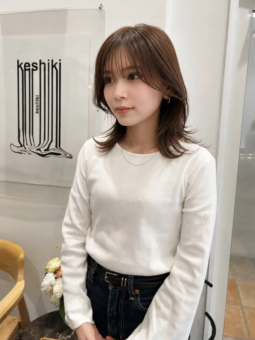 ミディアム ミディアムレイヤー レイヤーカット カット ヘアカラー トリートメント keshiki 大名のヘアスタイル