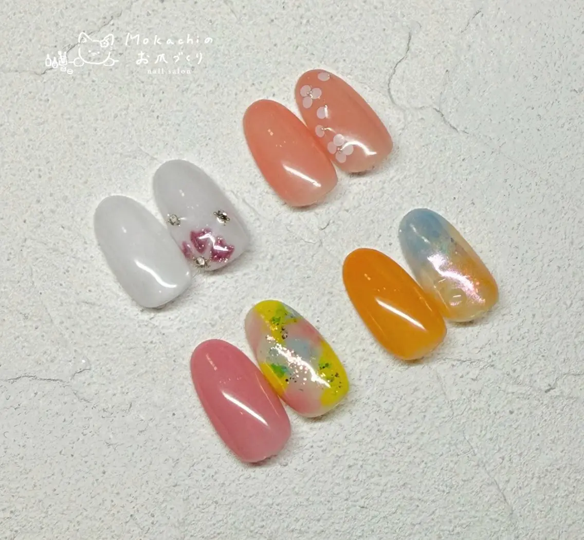 ネイル オレンジ ピンク 春ネイル Mokachiの お爪づくりのネイルデザイン