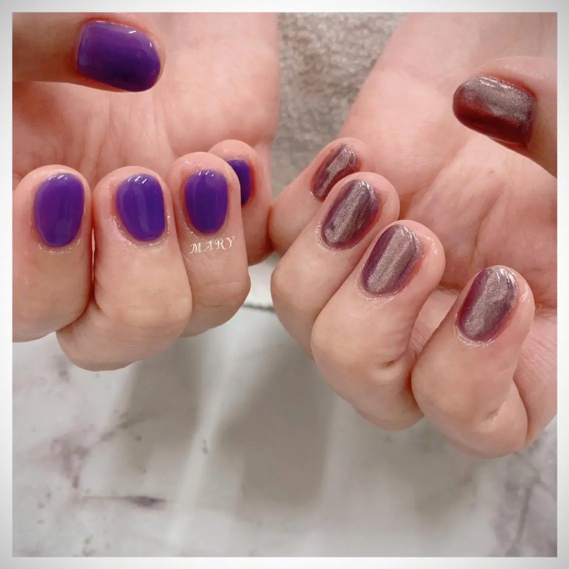ネイル ミラーネイル ニュアンスネイル ワンカラーネイル パープル ショートネイル ハンドネイル Mary nail .narumiのネイルデザイン