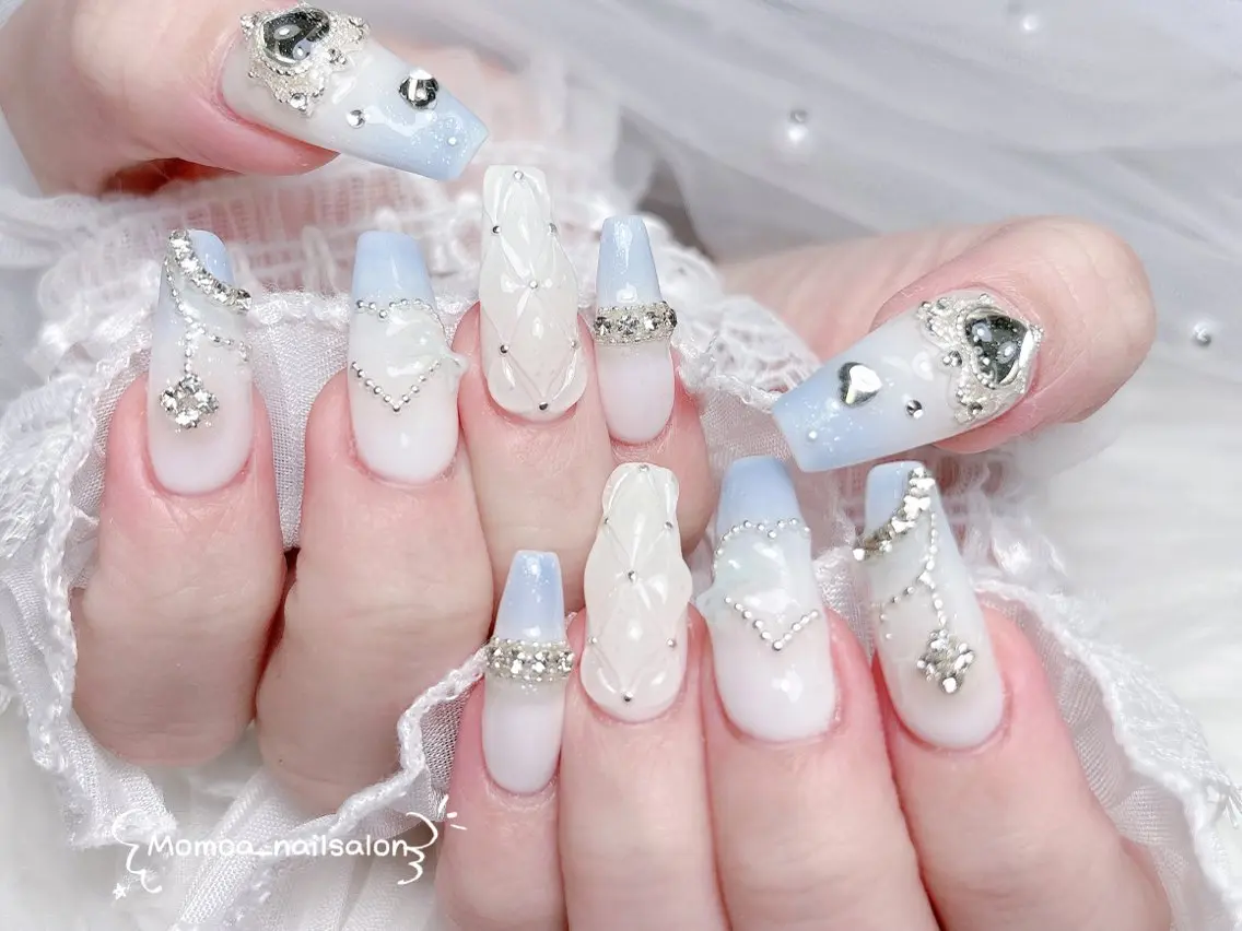 ネイル 成人式 ロングネイル マグネットネイル 大理石ネイル(マーブル) 持ち込み ハンドネイル MoMoA Nail ネイル長さ出し専門店のネイルデザイン