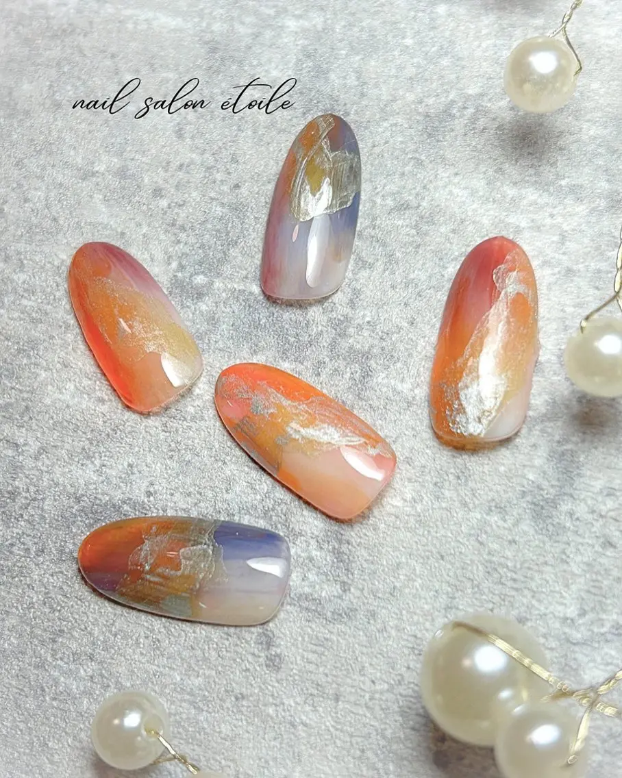 ネイル アートネイル ブルー ゴールド ニュアンスネイル オレンジ ハンドネイル nail salon étoileのネイルデザイン