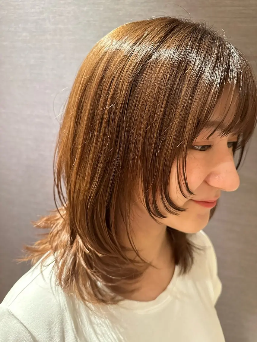 ミディアム 顔周りカット レイヤーカット 韓国風ﾊﾟｰﾏ❁﻿ fu-ka❁艶ｶﾗｰのヘアスタイル