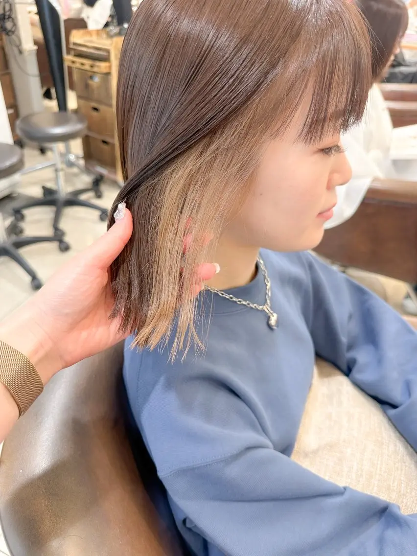 ミディアム カラー ベージュカラー インナーカラー ホワイトベージュ ボブ カット ヘアカラー トリートメント ✨カラー支持No.1 🧸ワキ カナコ🧸のヘアスタイル